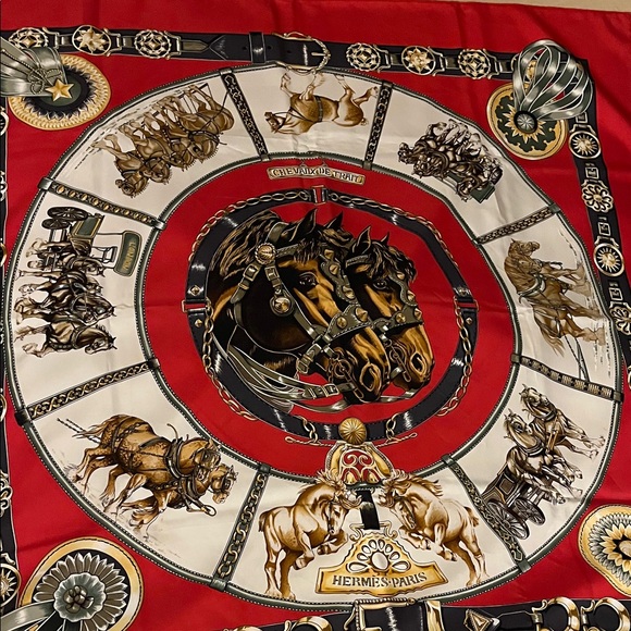 Hermès Paris Red and White Equestrian Scarf - Picture 1 of 4